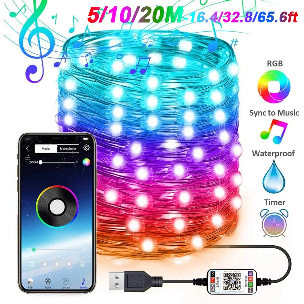 Smart RGB Fairy Lights - Bluetooth Control, 5M/10M/20M, Waterproof, 16 Colors