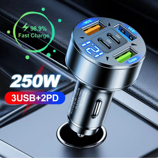 5-Port Car Charger - Fast Charging USB-C Adapter for Phones and Tablets