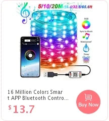 Smart RGB Fairy Lights - Bluetooth Control, 5M/10M/20M, Waterproof, 16 Colors