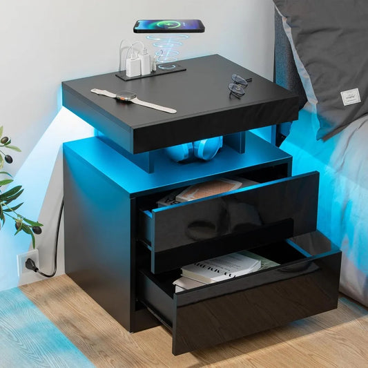 LED Nightstand with Wireless Charging & USB Ports | High Gloss, 2 Drawers